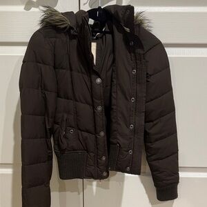 Hollister Dark Brown Puffer Jacket with Faux Fur Hood